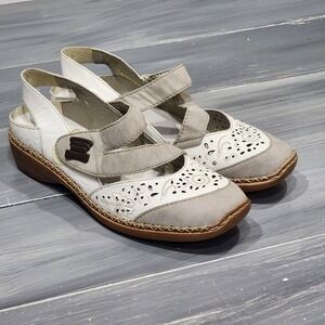 Rieker Mary Jane Comfort Shoes Antistress White Grey Leather Cutout 40 FLAW